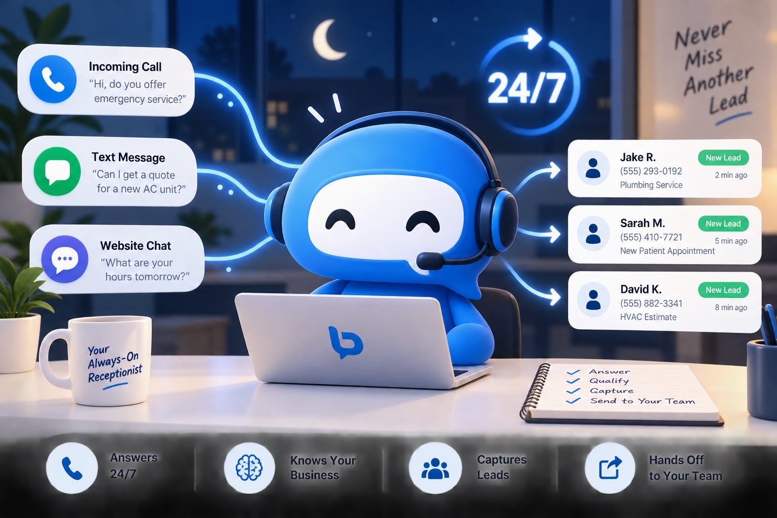 The Blue Market AI Receptionist answering an incoming call, a text message and a website chat at night, and sending each new lead to the business's team.